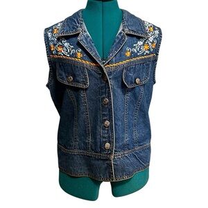 VTG GORDON & JAMES Vest Women M Denim Western Cowgirl Rodeo Embroidered Flowers